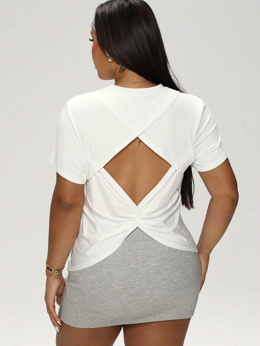 Rhythm Era Plus Size Summer Casual Solid Color Back Twist Hollow Short Sleeve Sports T-Shirt - White - View 1