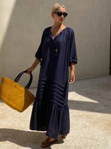 Livesso Vestido largo de lino de color liso casual de vacaciones para mujer - Neblina azul - Ver 3