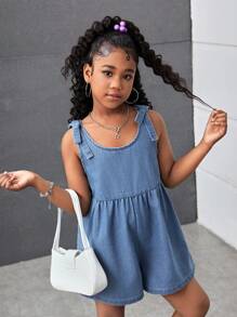 SHEIN Macacão Denim com Alças de Borboleta para Meninas Pré-Adolescentes