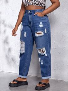 SHEIN SXY Plus Size Minimalist Solid Color Distressed High Waist Jeans, Suitable For Everyday Wear
