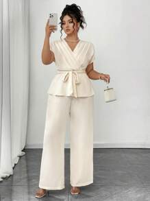 Elenzga Plus Size Simple V-Neck Pleated Tie Tank Top And Loose Wide Leg Pants Set - Apricot - View 6
