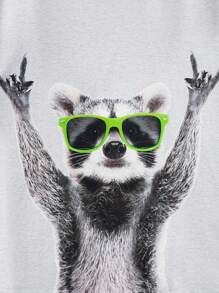 Tween Boy Cute Cartoon Animal Print Round Neck Knit T-Shirt - Light Grey - View 6