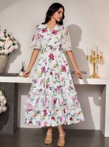 Modelyn Plus Size Women's Mixed Material Patchwork Printed Waist Tie Flowy Hem Short Sleeve Dress - Multicolor - View 3
