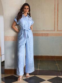 ZEYLAH Spring And Summer Holiday Lace Patchwork Short Sleeve Utility Pocket Shirt Collar Jumpsuit - Baby Blue - View 6