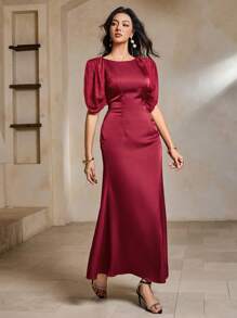 DAZY Damen elegantes Chiffon-Ärmel Patchwork langes weites einfarbiges Partykleid, Geburtstagskleider für Damen, lässiges Kleid für Damen, Damenkleidung, Sommerkleid für die Arbeit, Hochzeitskleider für Damen, rote Damenkleider, Weihnachtskleider für Damen - Rot - Übersicht 4