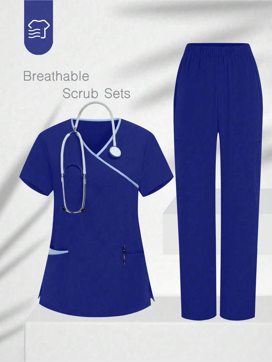 TaskEZ Contrast Trim V-Neck Short Sleeve Top And Pants Scrubs Set - Deep Blue - View 1