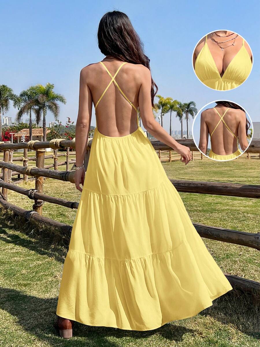 SHEIN EZwear Váy tốt nghiệp mùa hè hở lưng cổ chữ V phong cách Bohemian, màu vàng nhạt - Butter Yellow - Xem 1