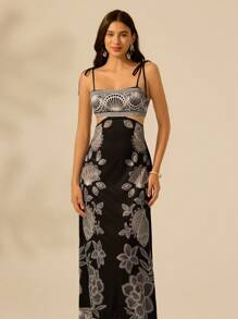 CAJUNI 女式黑白热带花卉刺绣印花镂空腰后绑带无袖黑色连衣裙，伊比沙岛女士假日休闲夏装夏季服装