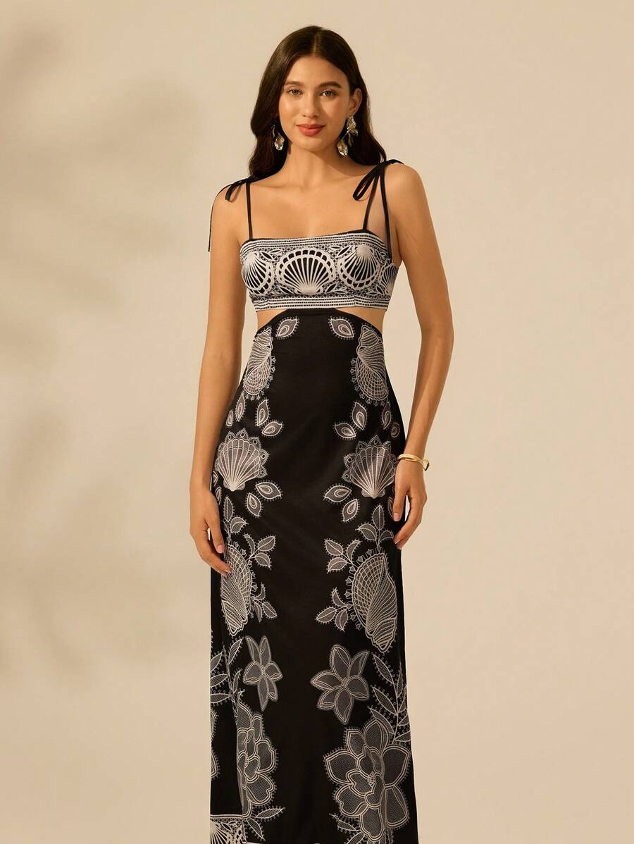 CAJUNI 女式黑白热带花卉刺绣印花镂空腰后绑带无袖黑色连衣裙，伊比沙岛女士假日休闲夏装夏季服装