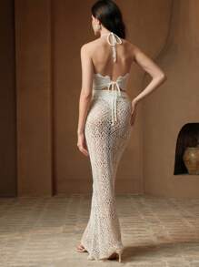 Anewsta 性感穿孔连衣裙搭配穿孔美人鱼尾巴贴花套装，适合夏季、节日、假日、度假、优雅、休闲、海滩 - 米色 - 查看 2