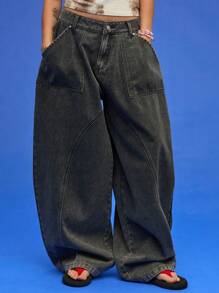 COUREZ Low Rise Ballonhosen-Jeans mit Nahtdetail / Sommeroutfits für Frauen / Y2K / Lässig / Hohe Straße Baumwolle Vintage