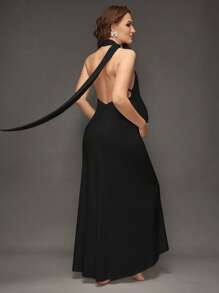 SHEIN Solid Color Long Slim-Fit Maternity Gown With Tie Back For Photoshoot - Black - View 6