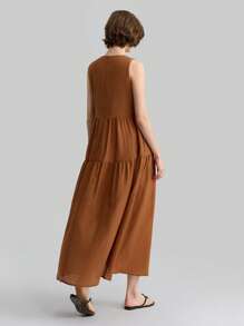Ontre 女款四季棕色无袖简约节日连衣裙女长裙口袋简约时尚休闲日常连衣裙收腰连衣裙教师装 - 棕色 - 查看 2