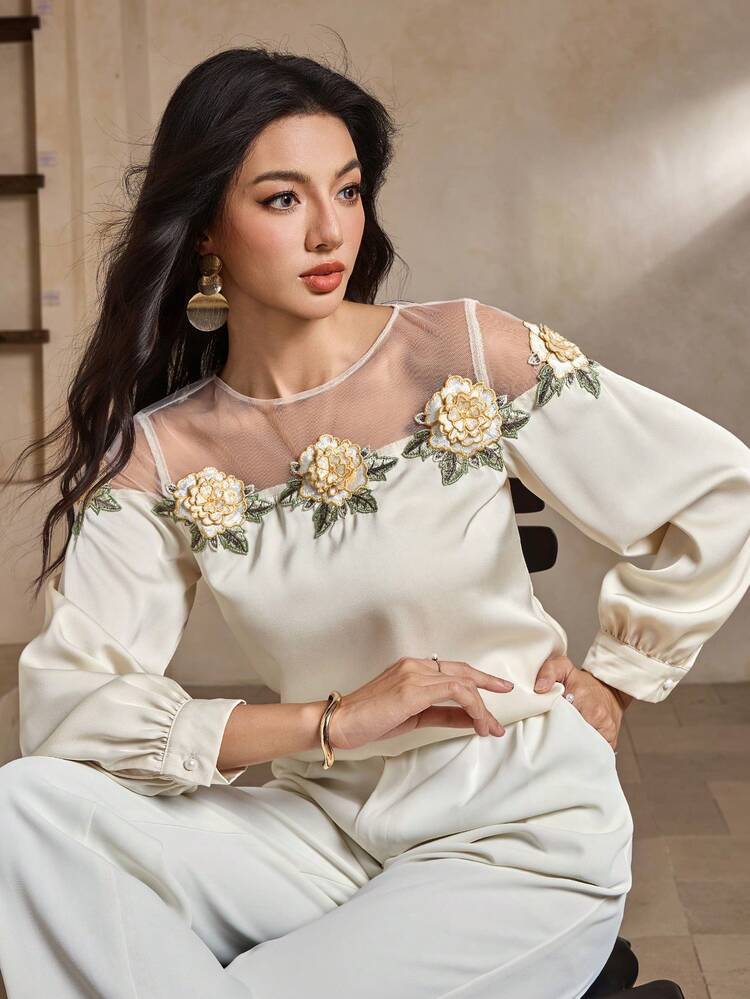 New Summer Rose Flower Decor Sheer See-Through Women Blouse Long Sleeve Top