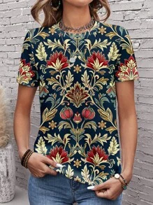 EMERY ROSE 图案宽松圆领短袖T恤，休闲百搭，适合女性外出穿着。 - 彩色 - 查看 3