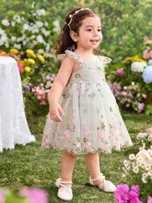 Baby Girl Woven Embroidered Mesh Square Collar Puff Sleeve Dress - Multicolor - View 6