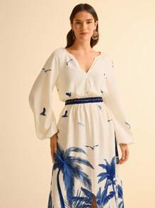CAJUNI Robe décontractée bleue ample avec fente, imprimé tropical, col en V, manches longues évasées pour femme - Multicolore - Voir 3