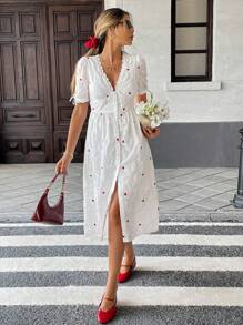 SHEIN Frenchy 女式 V 领纽扣设计中长款心形印花连衣裙 - 彩色 - 查看 3