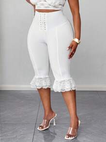 Maweii 2025 Women's Plus Size Elegant Sexy Solid Color Eyelet Decor Lace Trim Waist Tie Mid-Calf Pants, Bowknot Decor, Fashion Versatile High-End Design For Music Festival & Daily Wear