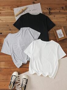 Veykashi 3件装加大码休闲英文印花修身T恤，适合夏季穿着，多件装，适合外出穿着