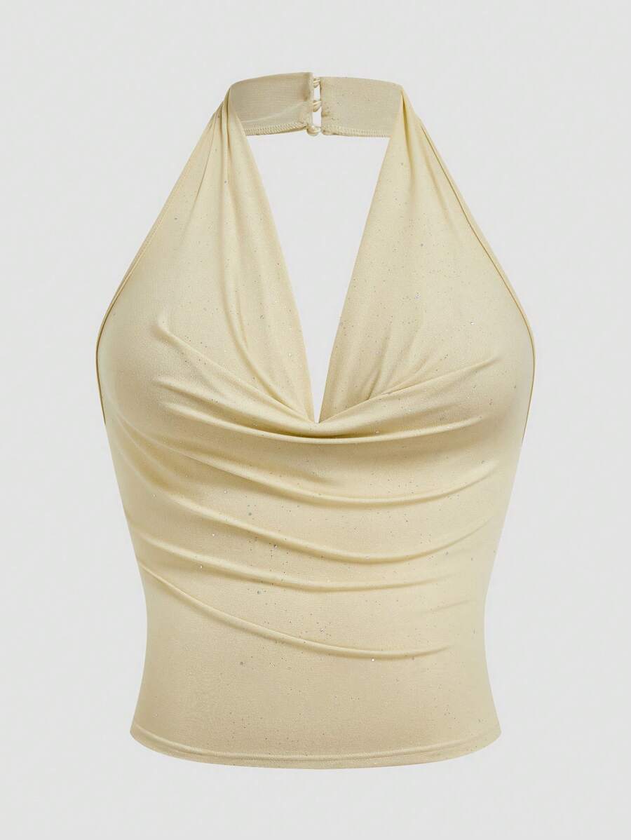 Sweetra Plus Size Elegant Solid Color Draped Neck Backless Sleeveless Top, Summer - Apricot - View 1