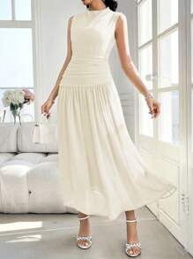 Modelyn 女式无袖褶皱立领连衣裙，带设计细节 - 杏色 - 查看 5