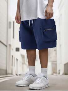 Manfinity Homme Plus Size Men's Drawstring Waist Zipper Pockets Loose Casual Shorts - Navy Blue - View 3