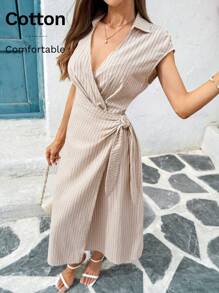 SHEIN Clasi Apricot Striped Cotton Blend V-Neck Short Sleeve Shirt Dress For Women Summer Outfits For Women Business Casual Woman  Office Outfits For Women Teacher Outfits For Women Vacation Outfits Woman  Cruise Outfits Women - Apricot - View 1