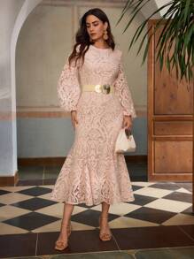 ZEYLAH Elegant Lace Round Neck Long Sleeve Dress, Vacation Style For Spring/Summer