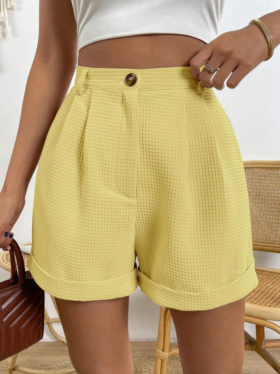 SHEIN LUNE 高腰素色纹理休闲短裤，夏季 - 黃色 - 查看 1