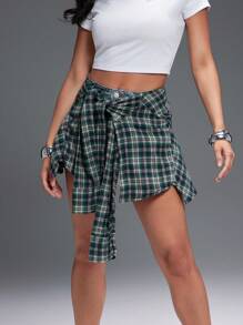Denimoi 夏季休闲格纹系腰牛仔短裤