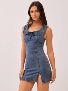 WESTFADE Summer Country Western Cowgirl Scoop Neck Collared Cute Bow Front Fitted Cotton Stretch Denim Mini Dress Spring Rodeo Nashville Vacation Outfit - Blue - View 4