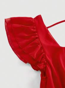 SHEIN MOD Đầm tay ngắn màu xanh lá cây cỡ lớn có eo - Đỏ - Xem 3