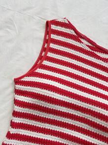 Soleia Women's Red & White Striped Knit Slim Fit Asymmetrical Neck Blouse, Suitable For Party, Christmas, Date, Beach, Cruise, Festival, Summer - Red and White - View 4