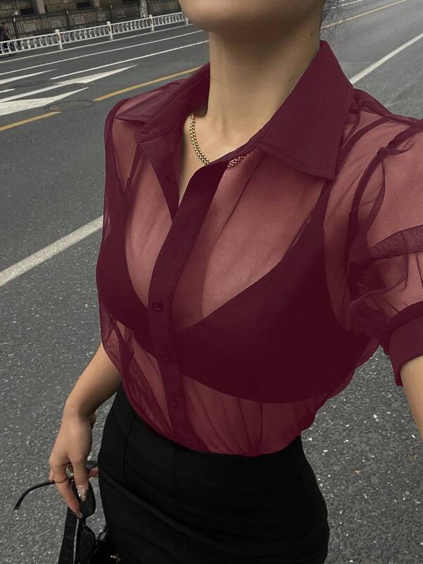 DAZY Casual Business Sheer Mesh Chiffon Cropped Blouse, Simple Short Sleeve Women Shirt