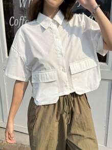 SHEIN Leap Crew Teen Girls' Casual Loose Comfort Short Sleeve Collared Crop Top With Large Pockets