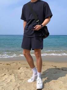 DAZY Set de 2 camisetas azul marino sólidas para hombre, de verano