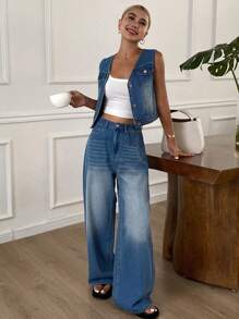 DAZY 女装夏季V领开衫背心加宽松休闲直筒裤两件套街头休闲牛仔套装