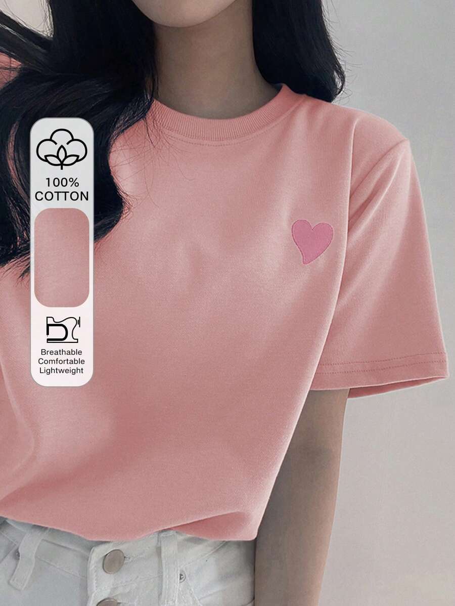 DAZY Women's Round Neck Embroidered Contrast Color Heart Minimalist Pattern T-Shirt Cute Tops - Pink - View 1