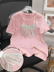 SHEIN Women's Regular Short Sleeve Round Neck T-Shirt With Delicate Bow & Beading Detail - Baby Pink - View 1