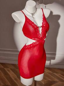 SHEIN فستان نوم شبه ساتان ذو شكل قلبي مزخرف بفصوص الماس وتباين الشبكة الضيقة معه - الأحمر - مشاهدة 5