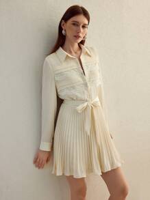 MOTF STUDIO LACE INSERT TEXTURED SATIN PLEATED SHORT DRESS, LONG SLEEVE SHIRT DRESS