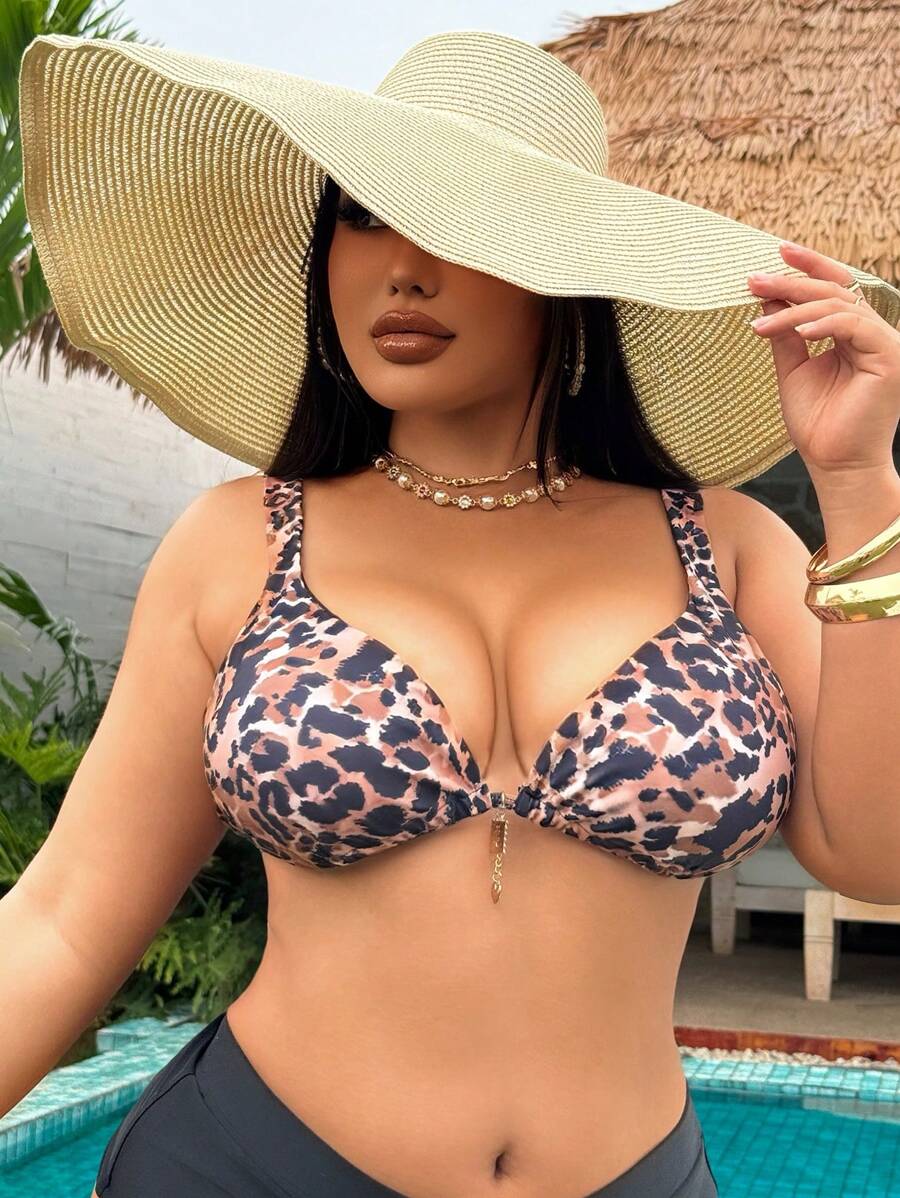 Swim Vcay Plus Leopard Print Halter Bikini Top For Summer Beach Vacation - Multicolor - View 1