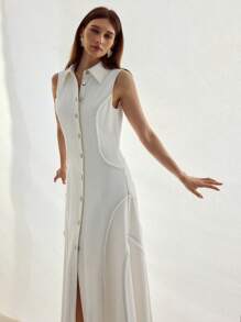 MOTF STUDIO TOP STITCHING BUTTON UP DRESS - White - View 6
