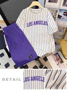 SHEIN Conjunto de 2 piezas de camiseta de manga corta y pantalones cortos para adolescentes, un estilo universitario cómodo y de moda, versátil y bonito, suave y adecuado para uso diario, escuela, viajes, deportes, rayas, fiestas festivas
