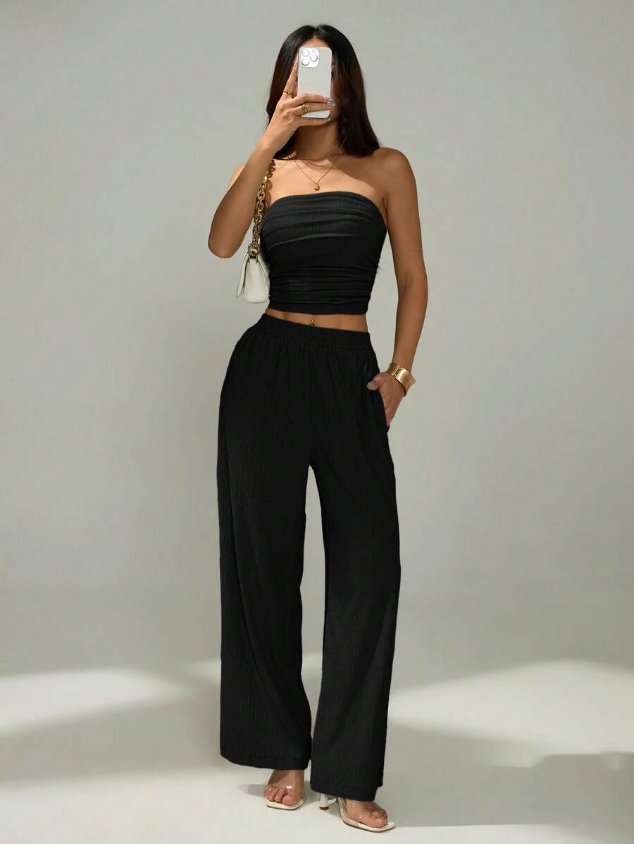 SHEIN PETITE 2 Pcs Women Solid Color Minimalist Bandeau Top And Pants Set Festival - Black - View 1