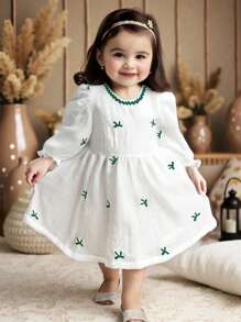 SHEIN Baby Girls' Elegant Long Sleeve Dress With Bow Embroidery, Made Of Tencel Fabric, For Autumn/Winter - Multicolor - View 2