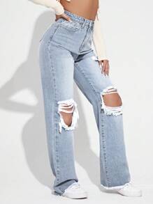 SHEIN EZwear Jeans de pierna ancha con cortes y aberturas para mujer, ideal para el verano - Gris Claro - Ver 5