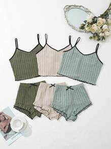 SHEIN 3 Sets In Solid Color Knitted Ribbed Fitted Cami Top & Shorts Pajama Set, Multi-Color Combination, Lounge Outfit - Multicolor - View 6