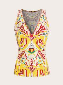 Chiquease 女士优雅法式深V领宽肩带印花上衣，夏季新款 - 黃色 - 查看 6